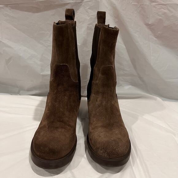 Emanuele Crasto Chelsea Boots Size 39 NWOT Italy Brown Suede Leather Stack Heel - Picture 2 of 11